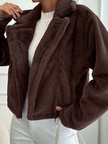 EURMUSE Women's Solid Color Fluffy Drop Shoulder Long Sleeve Short Warm Versatile Jacket - Brown - View 3