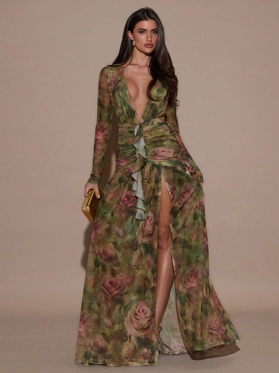 SHEIN BAE Váy cổ chữ V sâu in hoa gợi cảm thời trang dành cho nữ - màu xanh lá - Xem 1