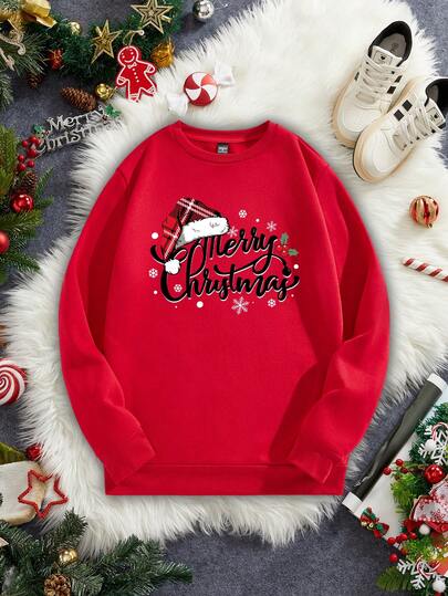 Manfinity Homme Sudadera holgada de cuello redondo con estampado de texto y gorro de Papá Noel vintage rojo, estilo casual navideño y divertido