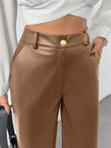 SHEIN Tall Prive Gold Button Detailed Straight Fit Leather Pants, Tall Women - Beige - View 3
