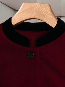 GlowEve CURVE Plus Size Elegant Commuter Color Block Blazer Jacket - Burgundy - View 3