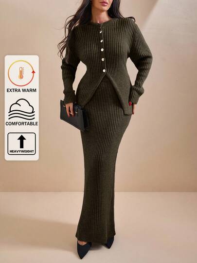 EURMUSE Women Solid Color Front Button Rib Knit Cardigan & Sweater Skirt Set