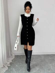 SHEIN Elenzya Vestido mini sin mangas de tweed sólido francés con decoración de botón de metal, elegante vestido de suéter ajustado - Negro - Ver 1