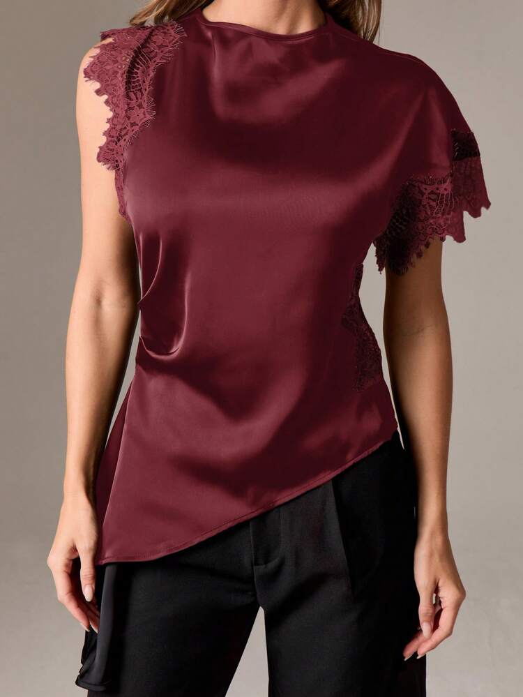 Lace Trim Asymmetrical Satin Blouse With Draped Peplum