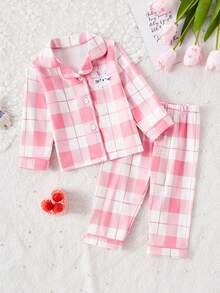 女婴时尚红色格子印花兔子刺绣开衫和裤子两件套休闲舒适家居服套装 - 紅色 - 查看 1