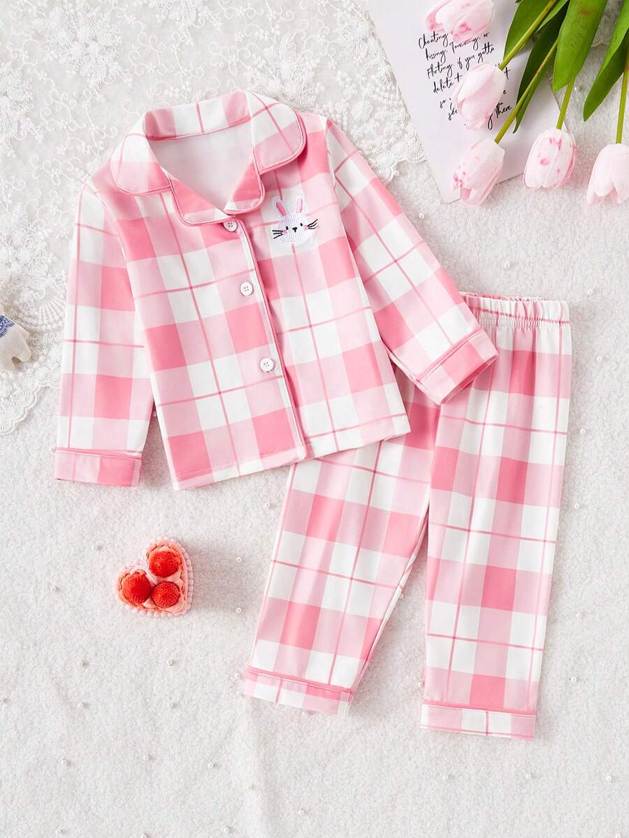 女婴时尚红色格子印花兔子刺绣开衫和裤子两件套休闲舒适家居服套装 - 紅色 - 查看 1