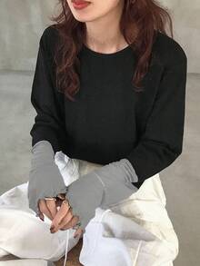 FRIFUL 女士圆领插肩拼接撞色薄纱长袖宽松休闲套头卫衣，适合秋季穿着 - 灰色 - 查看 5