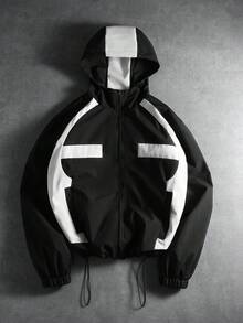 PAVTROS 男士休闲撞色拉链连帽长袖夹克，男士科技风街头风拉链黑白夹克 - 黑色 - 查看 1