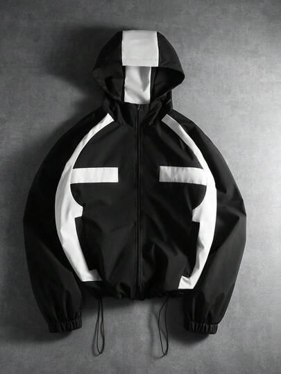 PAVTROS 男士休闲撞色拉链连帽长袖夹克，男士科技风街头风拉链黑白夹克