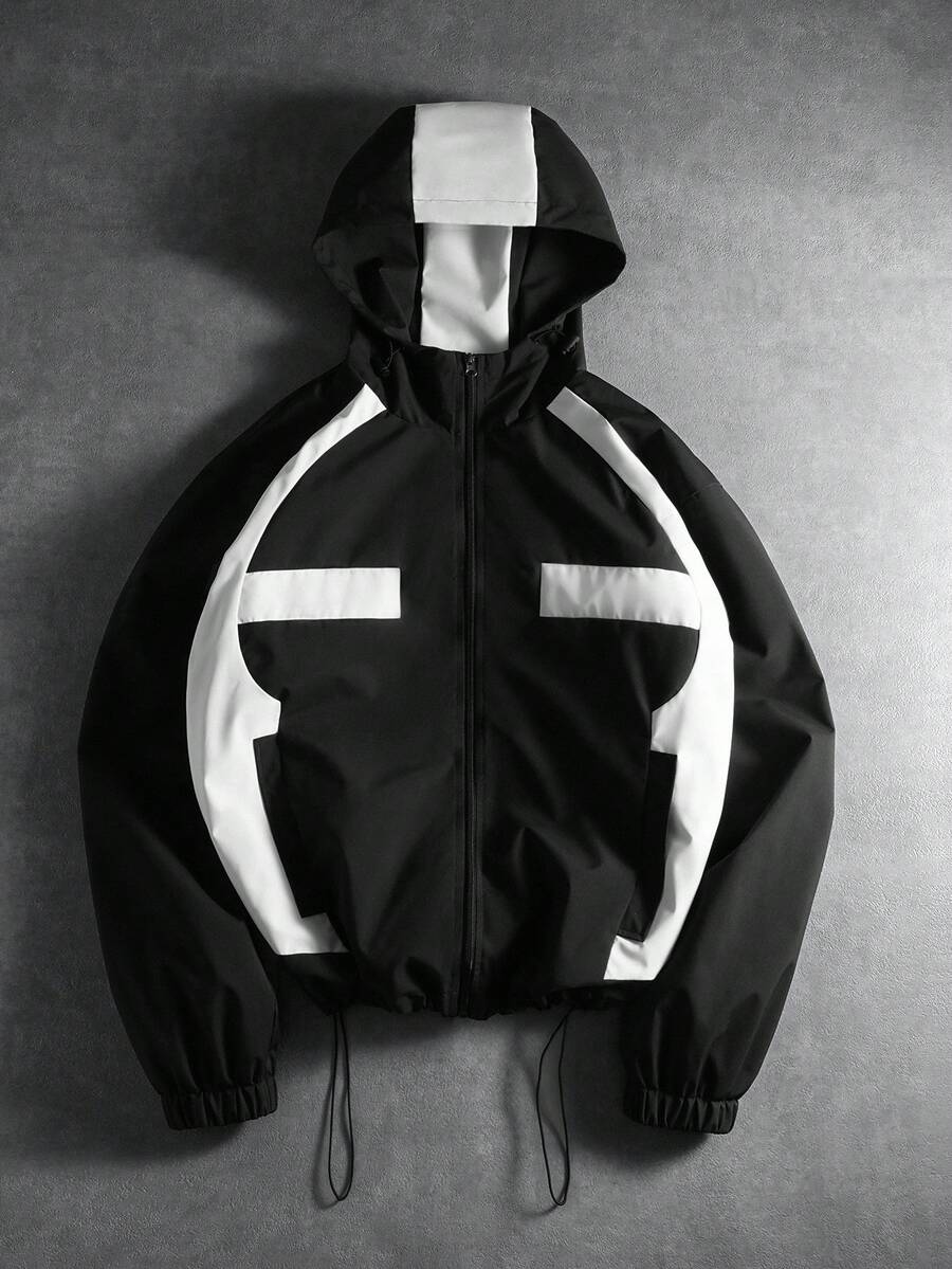 PAVTROS 男士休闲撞色拉链连帽长袖夹克，男士科技风街头风拉链黑白夹克 - 黑色 - 查看 1