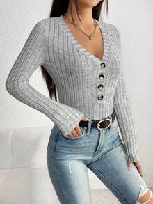 SHEIN PETITE 女式休闲纯色罗纹V领长袖紧身衣 - 淺灰色 - 查看 3