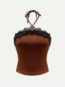 Glisette Solid Color Backless Halter Lace Trim Sexy Elegant Women Tank Top - Brown - View 6
