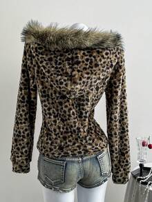 Elamini 女士咖啡色双面抓绒鹿斑豹纹拼接人造毛领长袖修身口袋拉链连帽卫衣，时尚百搭，适合通勤、休闲外出、上学、上班、约会以及秋冬季日常穿着。