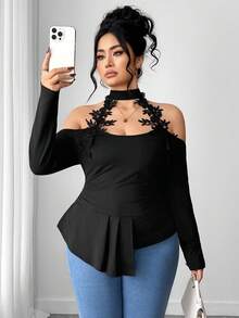 Elenzga Maglietta da donna oversize alla moda, sexy, con spalle scoperte, maniche lunghe e orlo asimmetrico