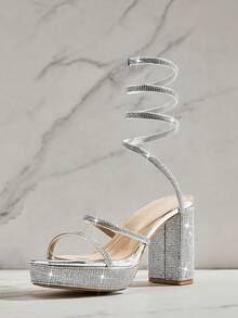 SHUZIA #ClubReady Women's Rhinestone Spiral Strap Chunky Heel Platform Dress Sandals – Sparkly Party Glam, Statement Look. For Christmas Valentine's Day - Silver - View 5