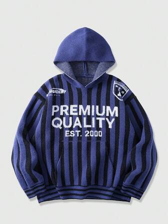 Street Life Sudadera con capucha casual de manga larga con rayas y estampado de letras para hombre, otoño/invierno