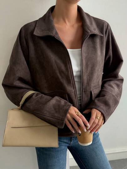 DAZY Veste décontractée ample à manches longues et fermeture éclair pour femmes, couleur unie, automne