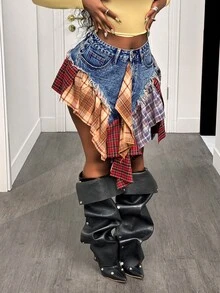 BamGleam Asymmetrical Patchwork Denim Skirt, New Summer Fashion American Style Versatile Sexy Mini A-Line Low Waist Skirt - Medium Wash - View 7