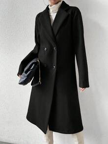 SHEIN PETITE 经典双排扣纯色翻领大衣，适合秋冬季穿着。 - 黑色 - 查看 3