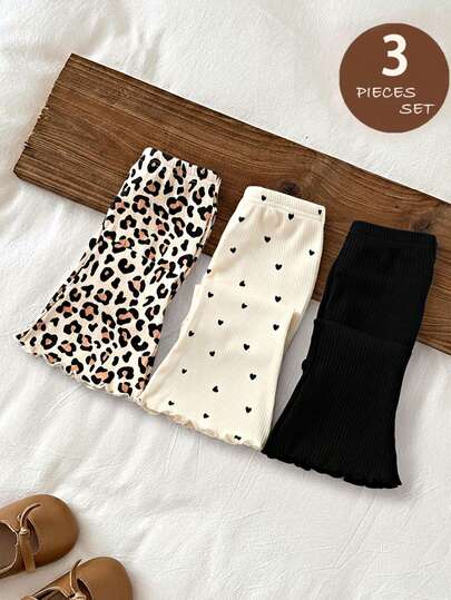 LMoss Kids 3pcs Baby Girl Knitted Solid Color Heart Pattern Bodysuit & Flare Pants Set Toddler Flare Pants Baby Girl Ribbed Leggings Toddler Ribbed Leggings Baby Girl Flare Pants Baby Girl Leggings