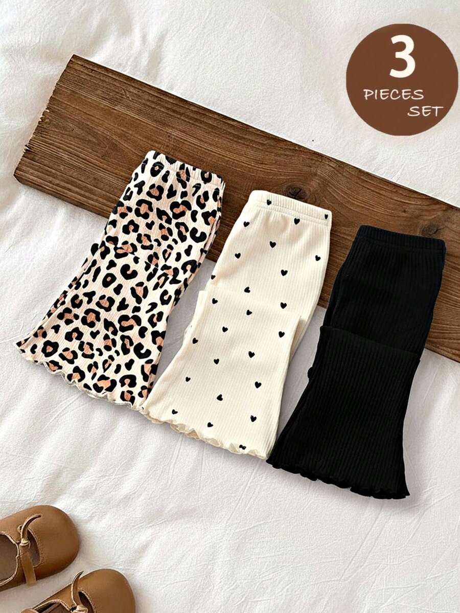 LMoss Kids 3件套女婴针织纯色心形图案连体衣和喇叭裤套装 - 彩色 - 查看 1