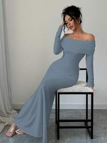 Rafferiza 性感优雅修身长袖束腰双层露肩露背扭纹鱼尾下摆罗纹针织连衣裙，白色，秋冬长款女装 - 霧霾藍 - 查看 6