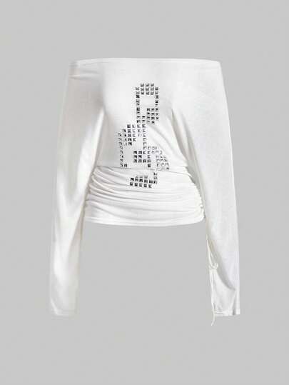 ROMWE Grunge Punk Spring Party Casual Graphic White Punk Style Cross Stud Off-Shoulder Women Kpop Long Sleeve T-Shirt Top