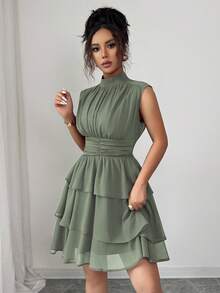 Elenzga 女士休闲通勤度假下午茶派对纯色雪纺褶皱面料小号领口腰部褶皱层叠荷叶边下摆无袖短款意大利连衣裙 - 綠色 - 查看 8