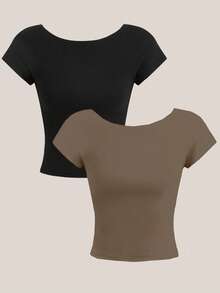 SHEIN EZwear 2件套露背黑色圆领短袖紧身露脐T恤，女士款，适合夏季穿着 - 彩色 - 查看 2