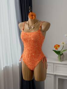 SHEIN Swim Mod 女士全印花串珠吊带无袖休闲修身夏季沙滩泳衣，圣诞节新年感恩节橙色海洋印花贝壳图案串珠亮片上衣U领编织抽绳高衩连体泳衣 - 彩色 - 查看 15