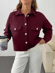 EURMUSE Solid Color, Gold Button Details, Coat - Burgundy - View 5