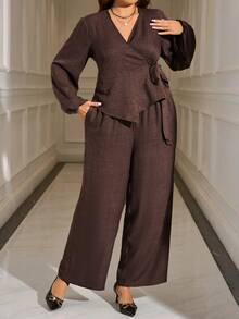 EMERY ROSE Ensemble 2 pièces chemise et pantalon de couleur unie élégante et pratique pour le travail, grande taille - Marron - Voir 7
