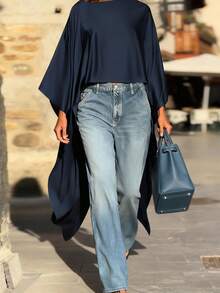 SHEIN LUNE 女士时尚休闲不对称长款衬衫 - 藏蓝色 - 查看 3