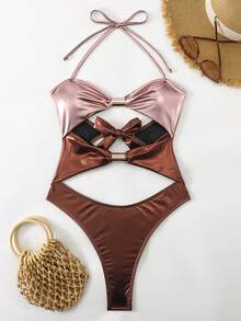 Swim SXY 渐变镂空高开衩露背挂脖连体泳衣 - 彩色 - 查看 4