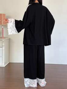 DAZY 3pcs Lace Patchwork Robe, Camisole & Pants Women Sleepwear Pajama Set, Fall & Winter Clothes - Black - View 2