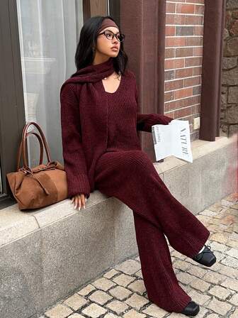MainGRL レディース ディープレッド 長袖セーターとロングパンツ 1セット