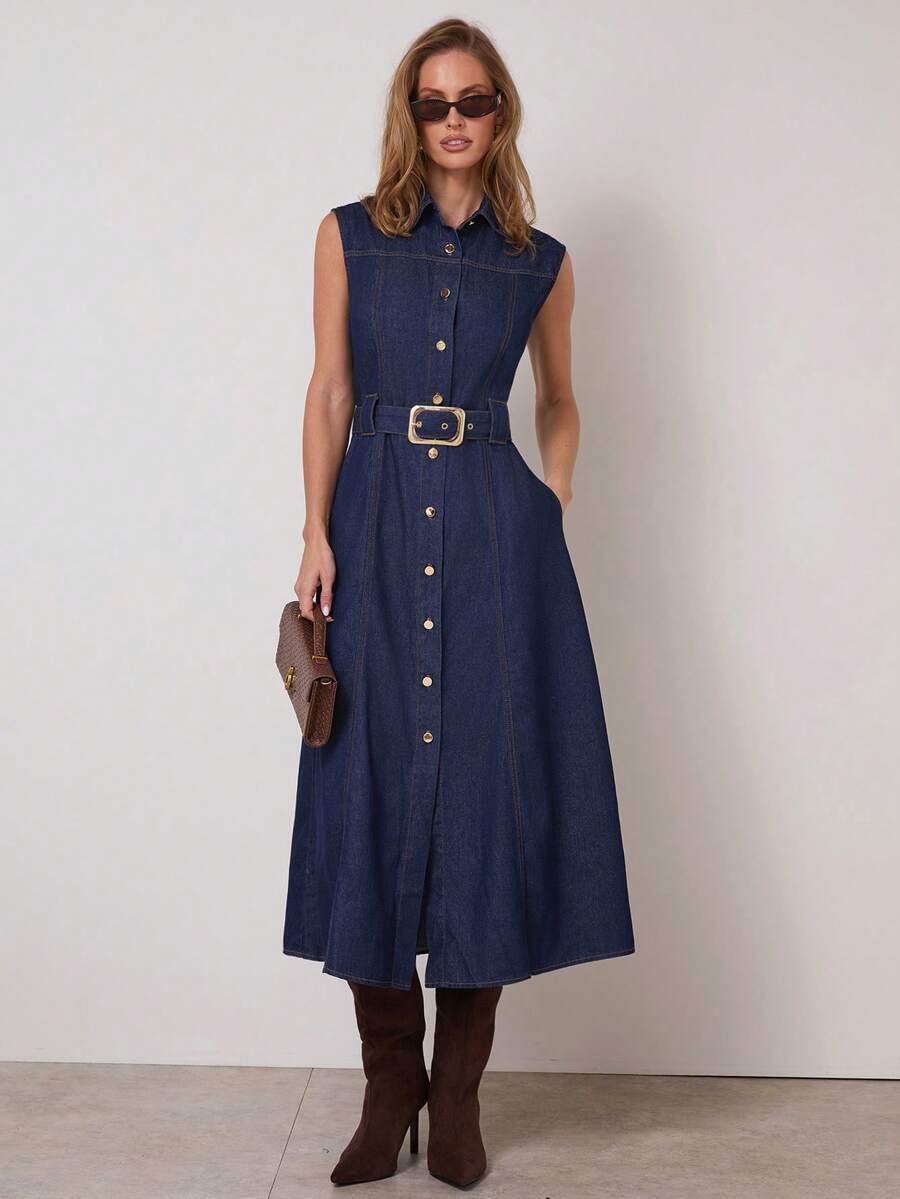 COSMINA Women's Sleeveless Dark Blue Denim Midi Dress With Metal Belt, Elegant Daily Office Dress With Pockets, Summer Dress - Dark Wash - View 1