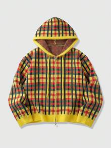 ROMWE MEN Street Life 男士韩流格子印花连帽拉链长袖开衫，冬季款 - 黃色 - 查看 1