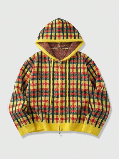 Street Life كارديجان رجالي كاجوال بسحاب وكابوشون بطبعة مربعات، أكمام طويلة