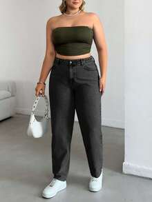 EURMUSE Plus Casual High Waist Snow Wash Mom Fit Jeans - Dark Grey - View 3