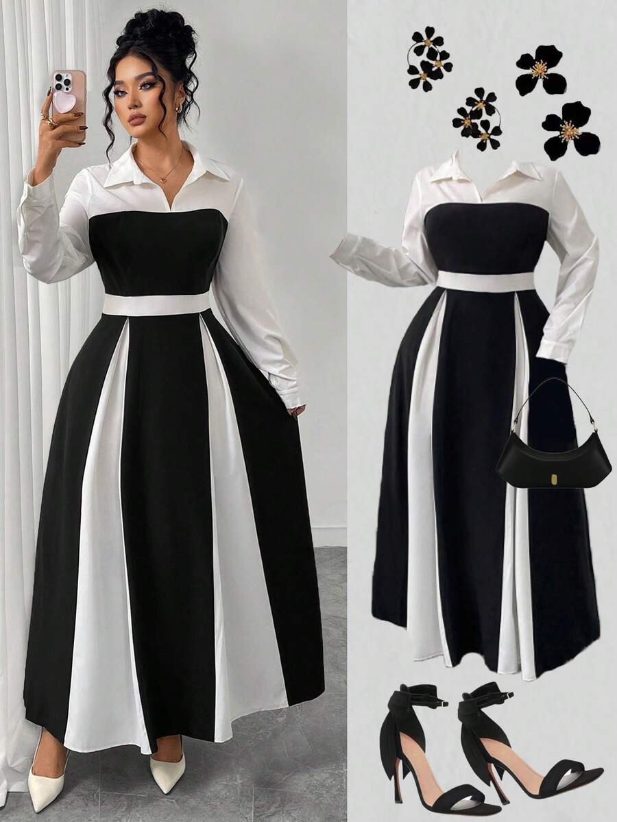 SHEIN Elenzya 女式拼接系带领长袖优雅连衣裙 - 黑與白 - 查看 1