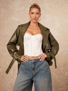 Lumalex VITNOS New Fall/Winter Women's Casual Everyday Commuter Solid Color Green Raglan Sleeve Lapel Neck Fashionable Double-Breasted Design Waist Cinched Long Sleeve Short Trench Coat, Suitable For Dates, Going Out, Night Out, Weddings, Holiday, Vacation, Birthday - Army Green - View 8