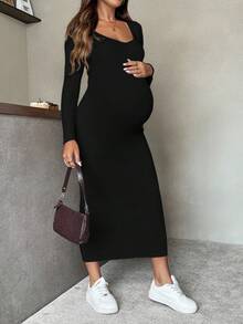 SHEIN 孕妇休闲纯色修身针织连衣裙，秋冬季 - 黑色 - 查看 4
