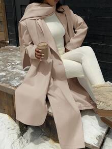 Muchica Abrigo largo de lana de doble botonadura con diseño de bufanda de cuello chal, otoño/invierno - Caqui - Ver 4