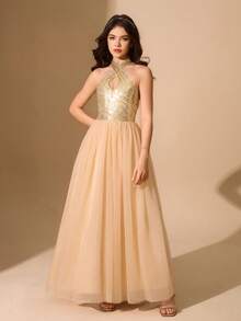 Elegant Champagne Gold Sequin Mesh Spaghetti Strap Sleeveless Summer Maxi Dress For Teens,Flower Girl,Wedding,Prom,Christmas,Graduation - Champagne - View 5
