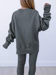 INAWLY Plus Size Women Solid Color Round Neck Drop Shoulder Long Sleeve Sweatshirt And Leggings Casual 2 Piece Set - Grey - View 2