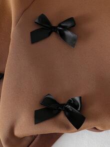 Genkimix Kids 两件套女童时尚灰色圆领长袖上衣和阔腿裤，饰有蝴蝶结，秋冬季 - 棕色 - 查看 7