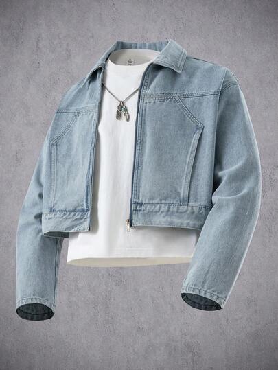 Manfinity Denimwave Jaqueta jeans masculina azul-clara de manga comprida com ombros caídos e modelagem curta.