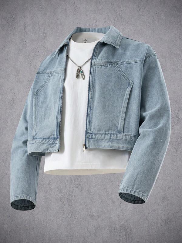 Manfinity Denimwave Men's Light Blue Drop Shoulder Long Sleeve Short Casual Denim Jacket Cropped Jacket Light Blue Jacket OVERSIZE Washed Blue Street Hang Out Distressed Jeans For Boyfriend & Husband