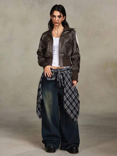 Grunge Punk Vintage Street-Style Distressed PU Biker Vibe Collar Fitted Women Jacket